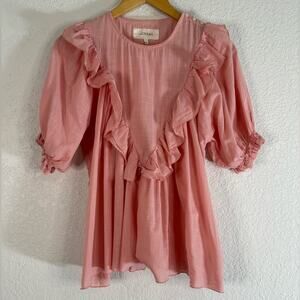 THE GREAT. Ruffle Triangle Blouse in Tulip Pink Feminine Coquette Office Preppy